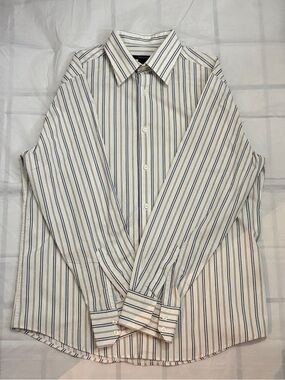 Claiborne Modern Fit Striped Long Sleeve Dress Shirt White Blue Gold Size Large
